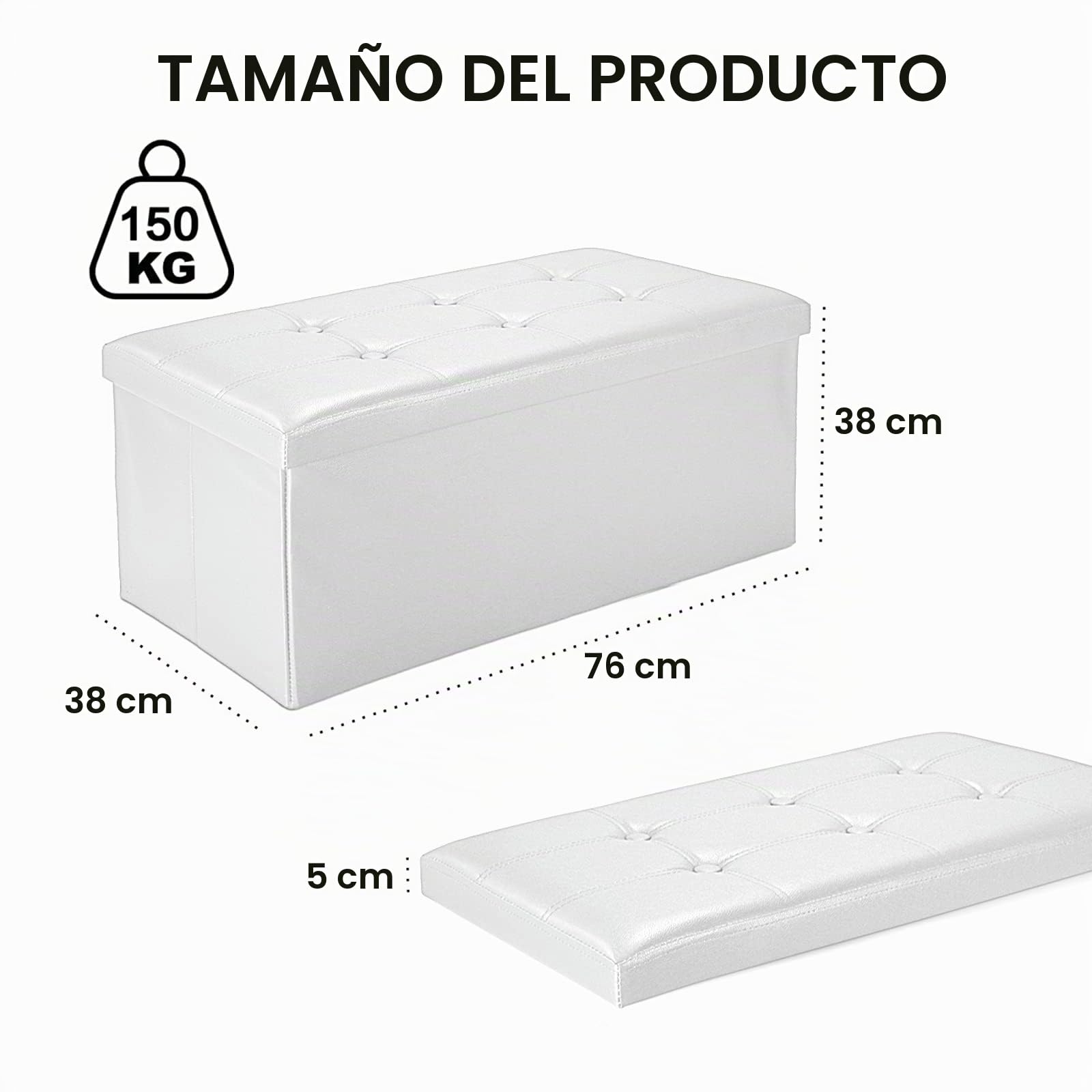Todeco Taburete para Almacenaje Plegable Baúl Puff, Talle Grande Capacidad Banco Almacenaje Baul Almacenaje Otomano-Carga máxima: 150 kg-Material: Imitación de Cuero, 76 x 38 x 38 cm, Blanco