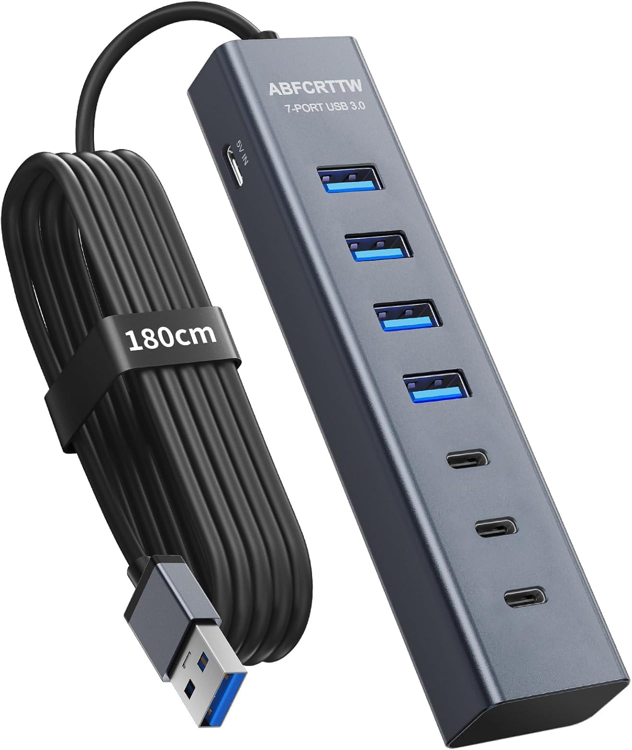 7-Port USB Hub 3.0 mit 180cm Kabel für Desktop, Aluminium USB Verteiler 5Gbps Multiport Adapter mit 4 USB-A &amp; 3 USB-C Port, 5V 3A Type-C Port für PC, Laptop, MacBook, U-Disk, Maus
