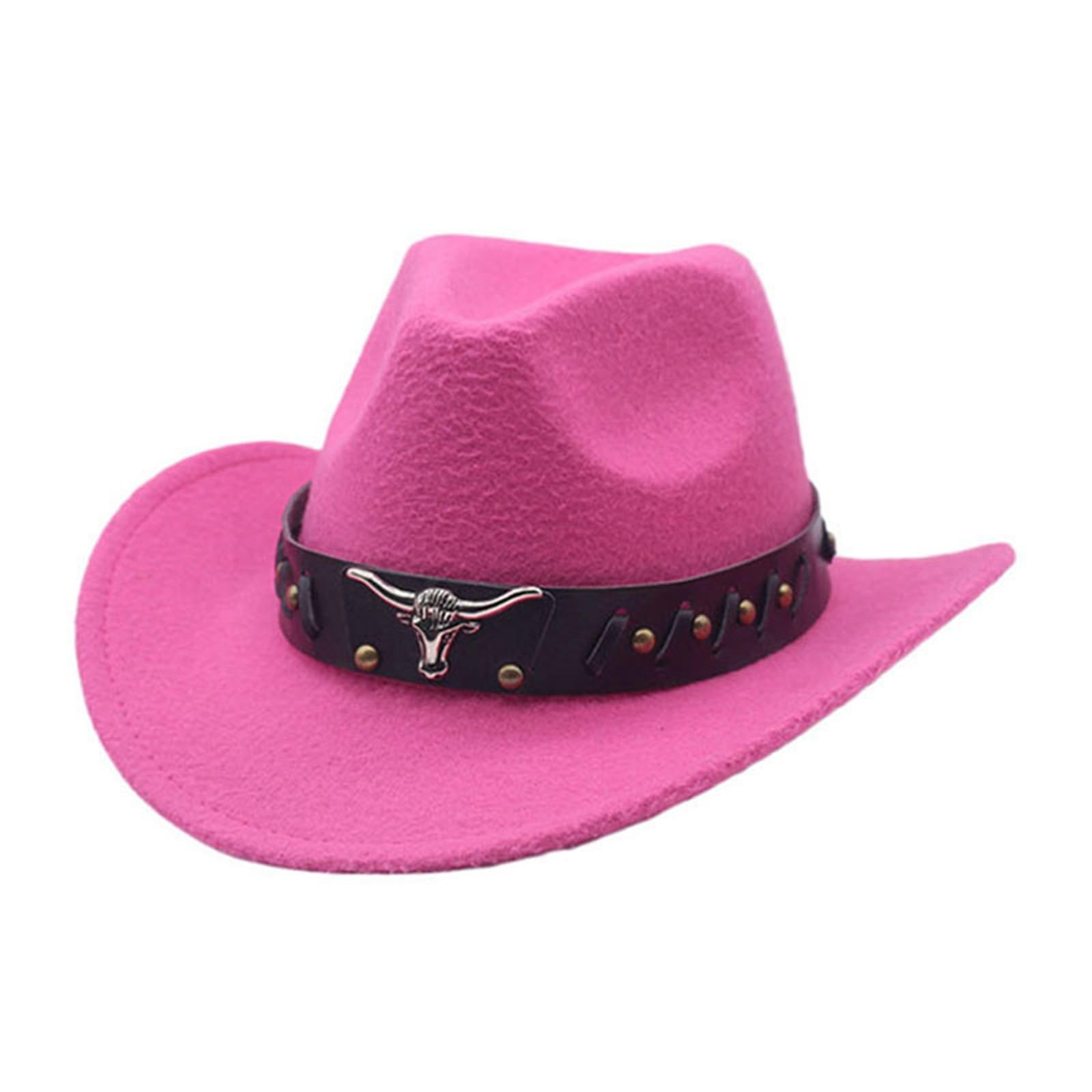 Cowboy Hat for Men and Women Wide Brim Felt Hats with Buckle Band Vintage Western Style Leather Cowboy Hat Fancy Dress Party Costume Accessories Unisex Outdoor Cowgirl Hats Hot Pink