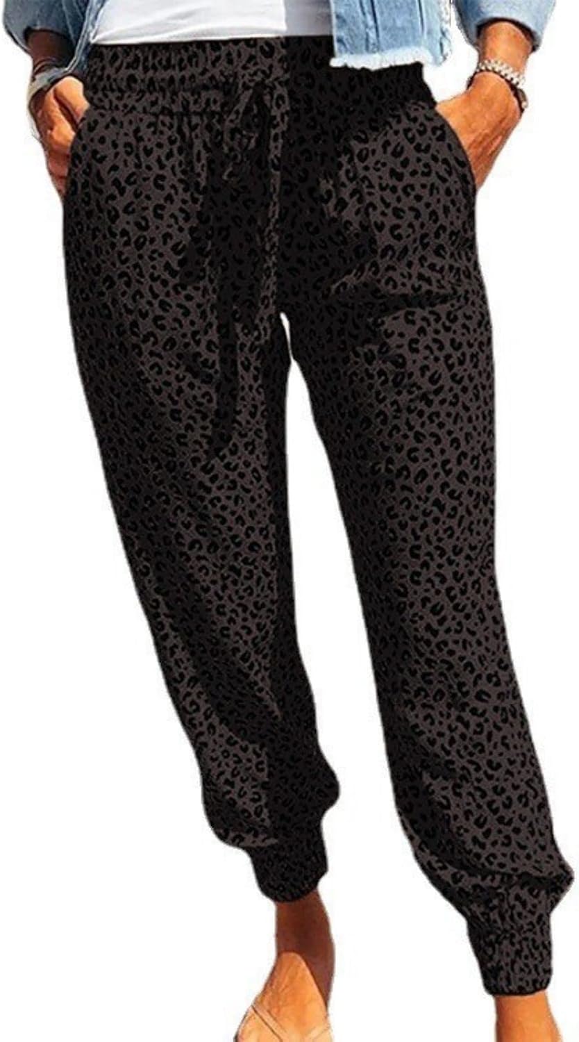 Womens 2023 Soft Casual Drawstring Tie Elastic Waist Loose Jogger Pants Leopard Printed Track Pants with Pockets