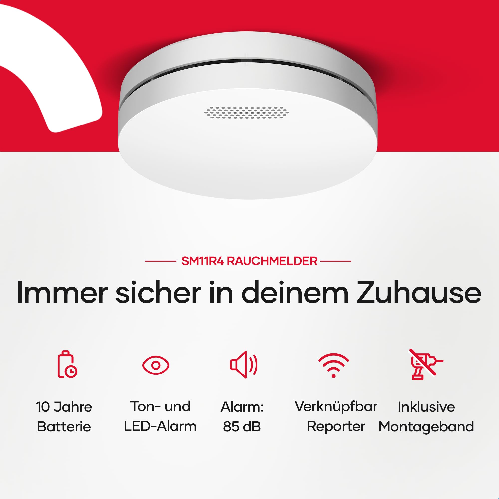 SAVS SM11R4 Funkvernetzter Rauchmelder 6er-Pack – 10 Jahre Batterie – Extra flaches Design – Kein LED-Licht – Montage ohne Bohren – Entspricht europäischer Norm – Vernetzbarer Feuermelder | 6er Set funkvernetzter Rauchwarnmelder mit integrierter 10-Jahres