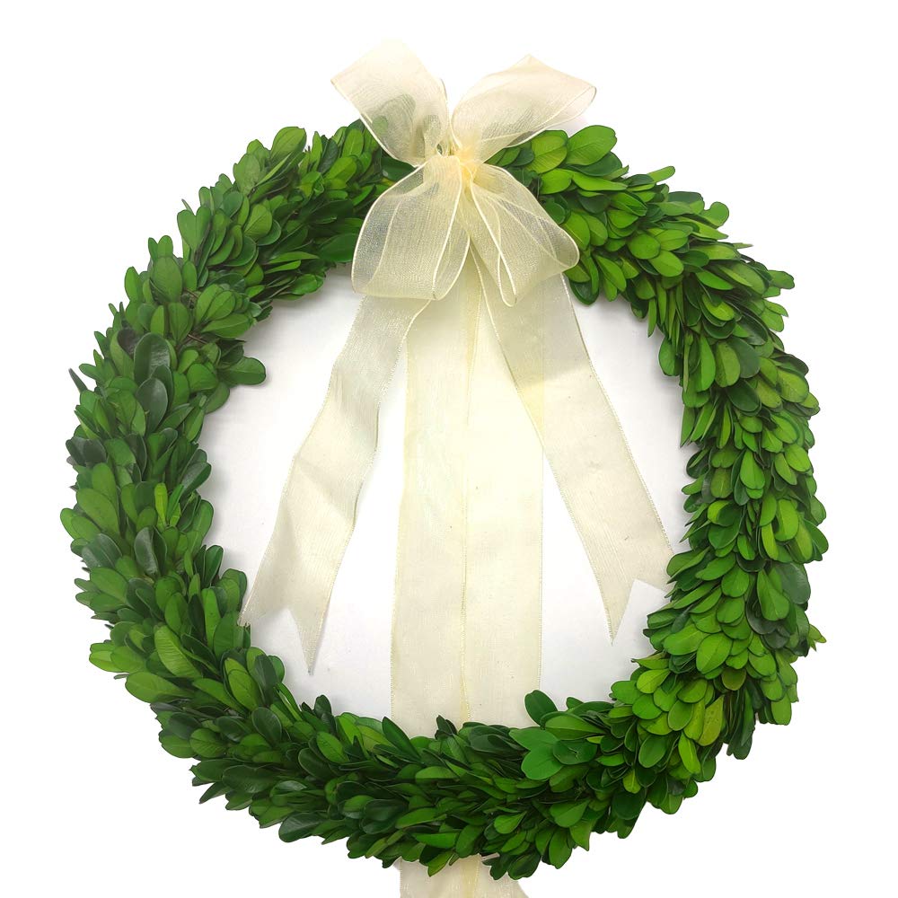LMflorals 10 Inches Real Boxwood Wreath Green Leaves Wreath with A Light Yellow Bow for Front Door Window Porch Farmhouse Patio Garden Decor