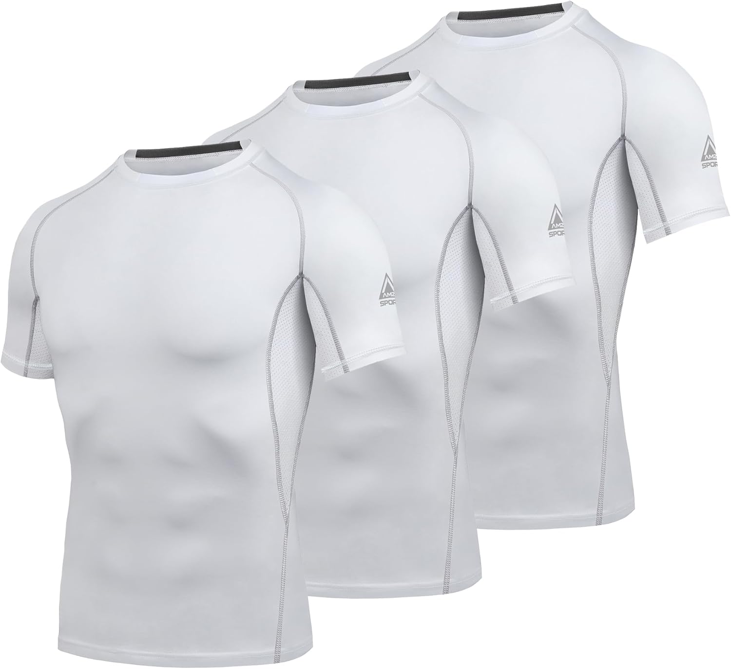 AMZSPORT 3 Pack Men's Compression Shirts, Short Sleeve Cool Dry Moisture Wicking Base Layer for Gym Running