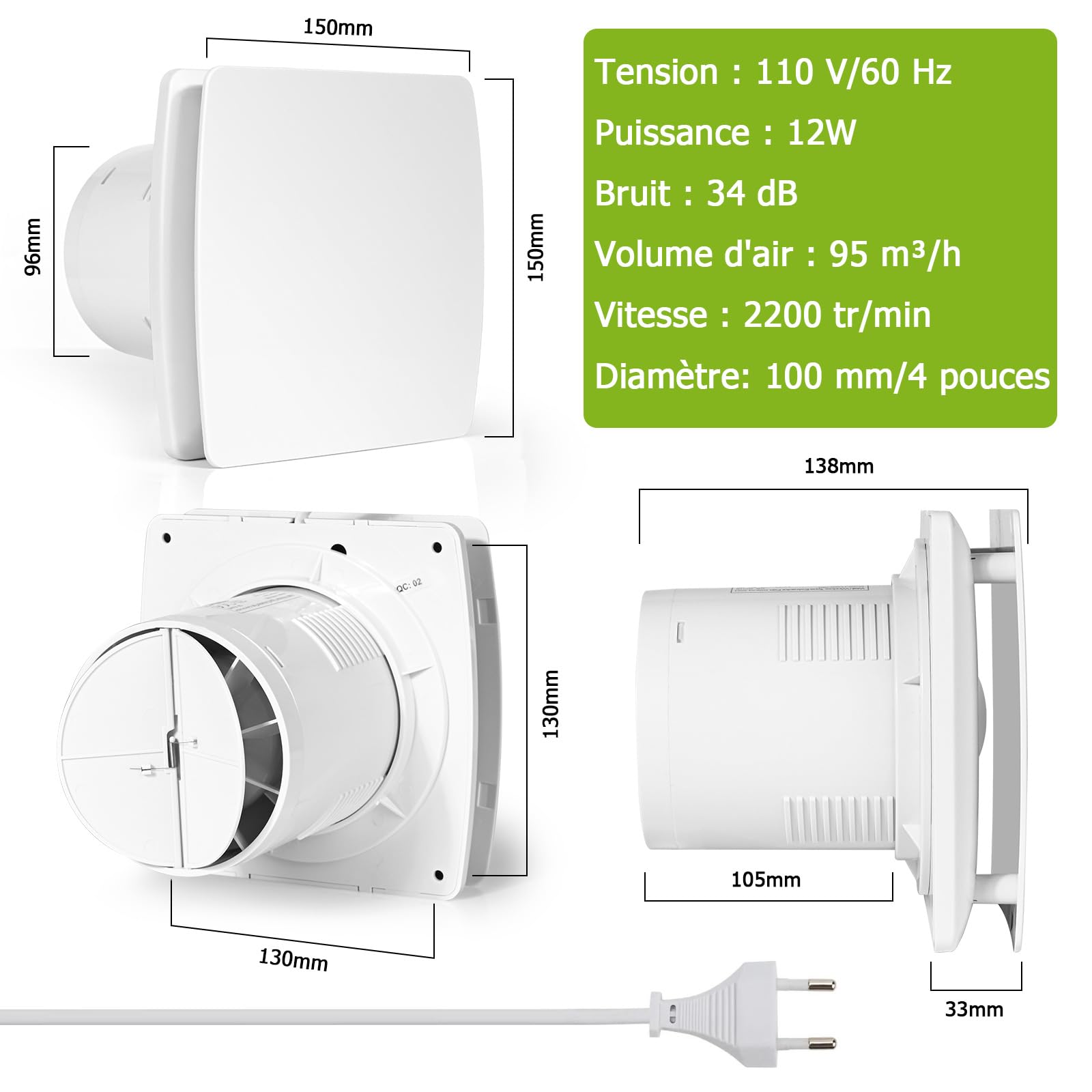 Extracteur d'air 100mm, Ventilateur de Salle de Bain Silencieux Blanc au Plafond et Montage Mural avec Clapet Anti-Retour pour WC, Cuisine, Fenêtre Loft et Cave, IPX4