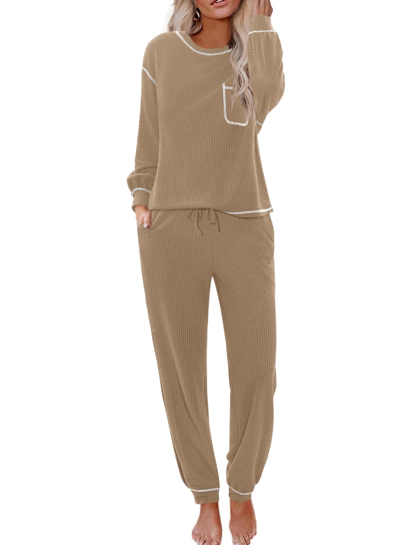 Ekouaer Womens Pajamas Set Waffle Knit Long Sleeve Lounge Set 2 Piece Pj Loungewear Sleepwear S-XXL