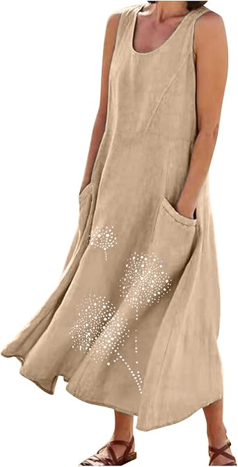 Linen Dresses for Women 2025, Tank Dress with Pockets Maxi, Womens Summer Casual Modest Dresses Sleeveless