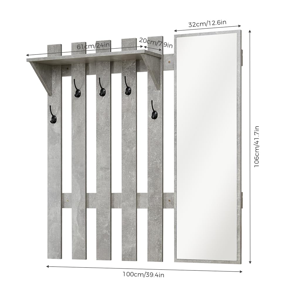 Witte kapstok voor de hal met spiegel, verstelbare haken en opbergladen - 105 cm