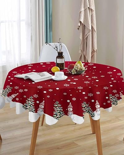 Miniatura 3 de HELLOWINK Mantel redondo de Navidad de 60 pulgadas, mantel navideño de muñeco de nieve, impermeable y a prueba de manchas, lavable y reutilizable,
