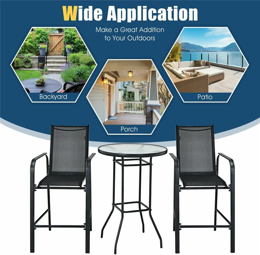 WFSJC 3 PCS Outdoor Patio Bar Table Stool Set Height Tempered Glass Top Suitable for Garden, Patio, Poolside, Backyard and More : Patio, Lawn & Garden