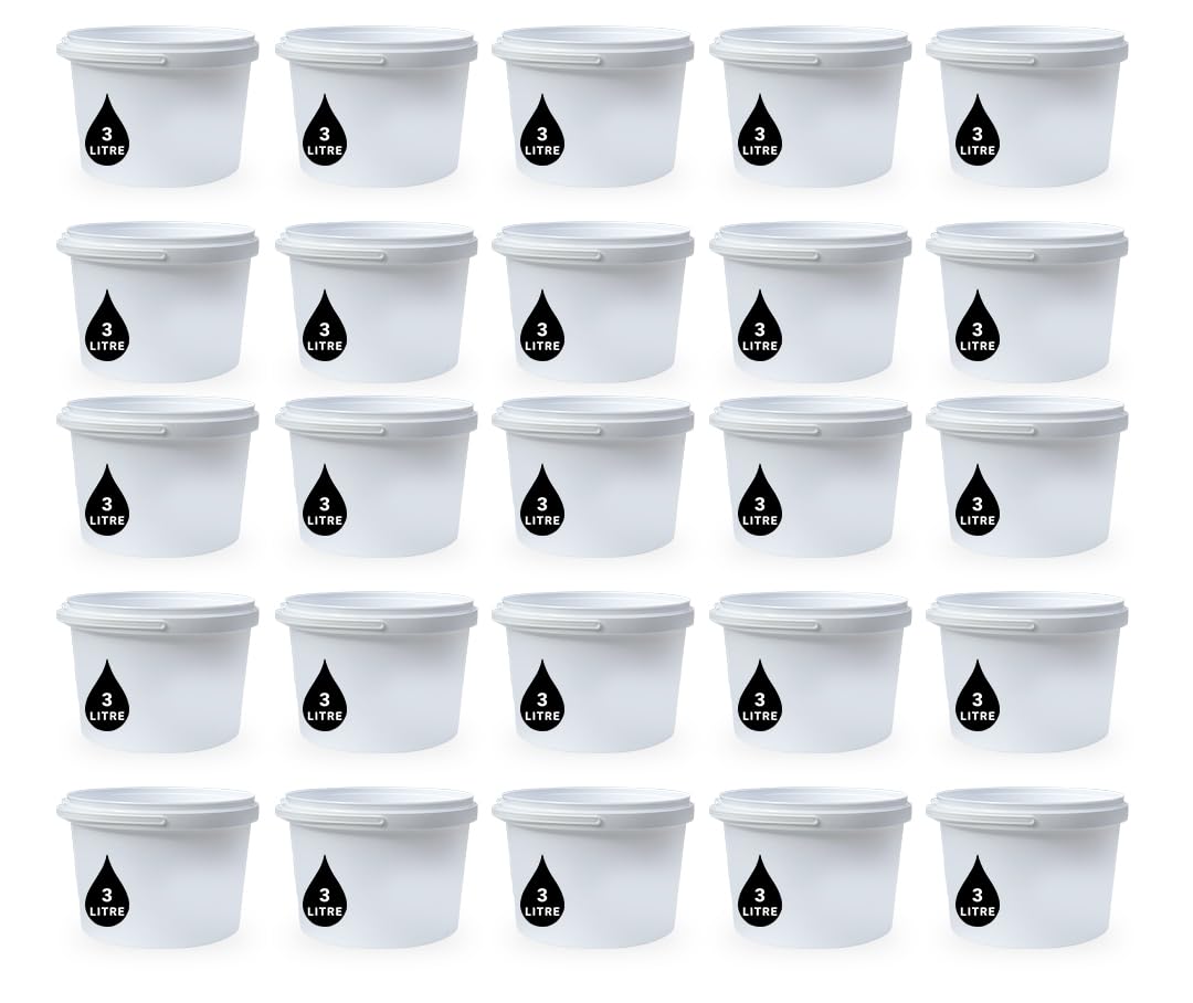 25 x 3L Plastic Bucket Pail + Handle & Lid - Heavy Duty ¦ Food Grade BPA Free ¦ Multi-use Fermentation Feed Dry Food Liquid Chemicals Hydroponics Storage Container WHITE