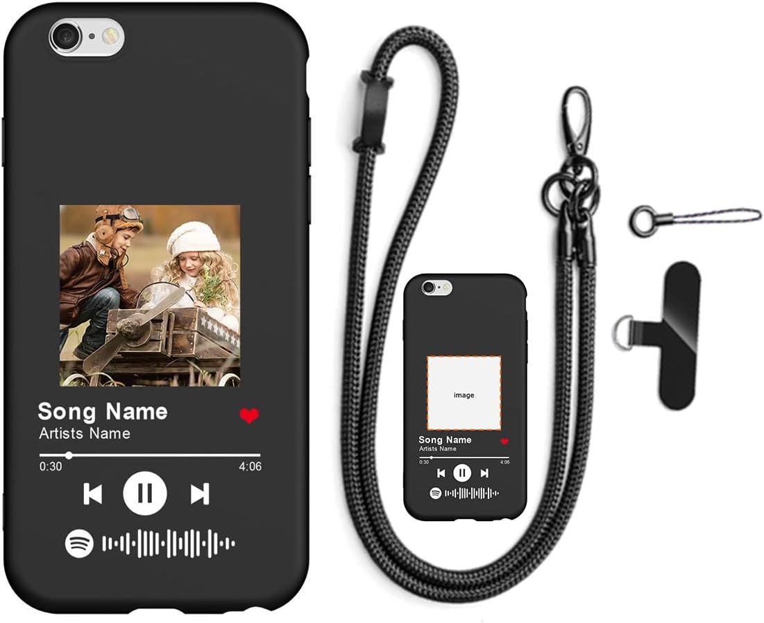 Custom Spotify Code Photo Phone Case for iPhone 6/6s Customized Personalized Music Player Song Plaque Image Text Picture Shockproof Cover with Lanyard Anti-Theft Strap