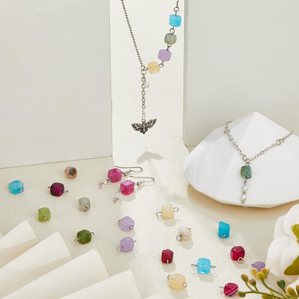 SUPERFINDINGS 32Pcs 8 Colors Natural Gemstone Connector Charms Cube Charms Connectors with 304 Stainless Steel Double Loops - Image 5