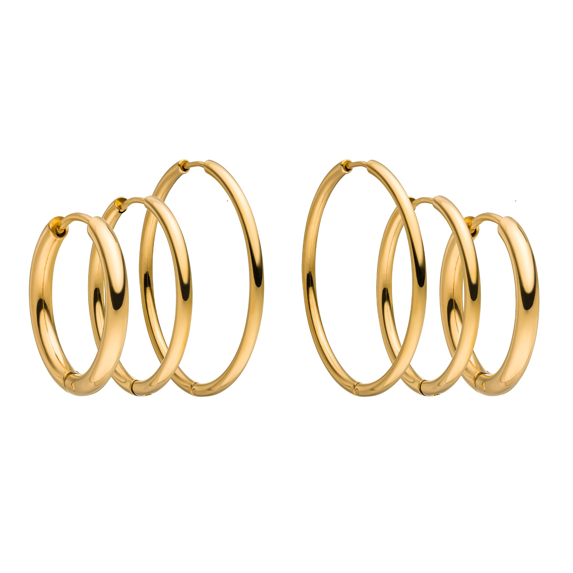 PURELEI® Echo Set di orecchini a cerchio (oro, argento, oro rosa), set di orecchini a cerchio impermeabili da donna, 3 paia di orecchini a cerchio in acciaio inox, regalo per donne, diverse misure