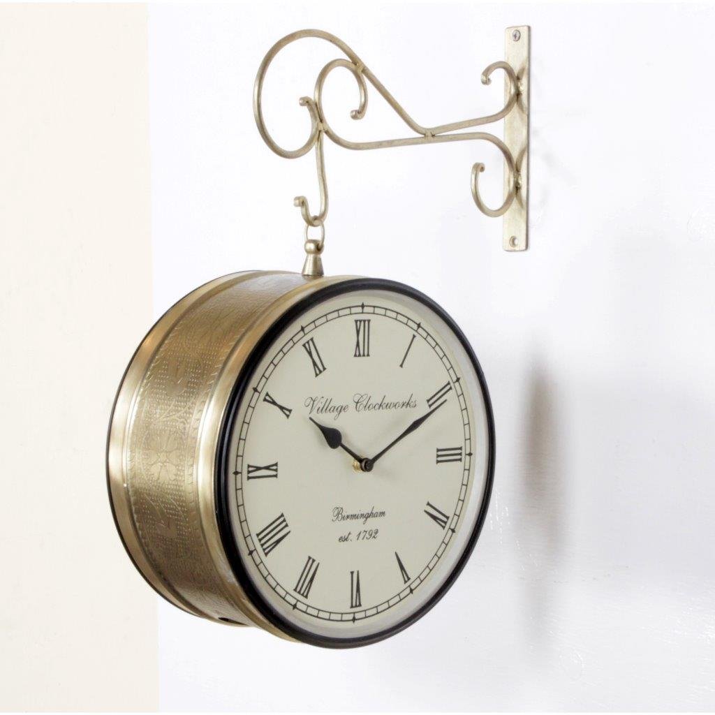 Home and Bazaar Iron Traditional Railway Double Side Wall Hanging Clock with Bracket (8 Inch, Golden)
