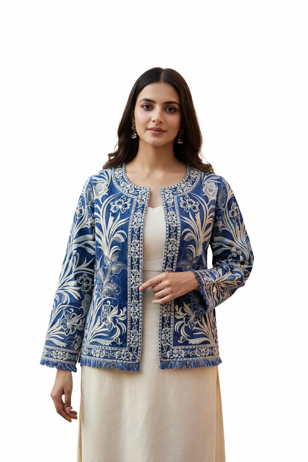 natural fab Women's Denim Jacket with All Over Embroidery, Full Sleeve Casual Ethnic Fusion Style, Blue-picture-55