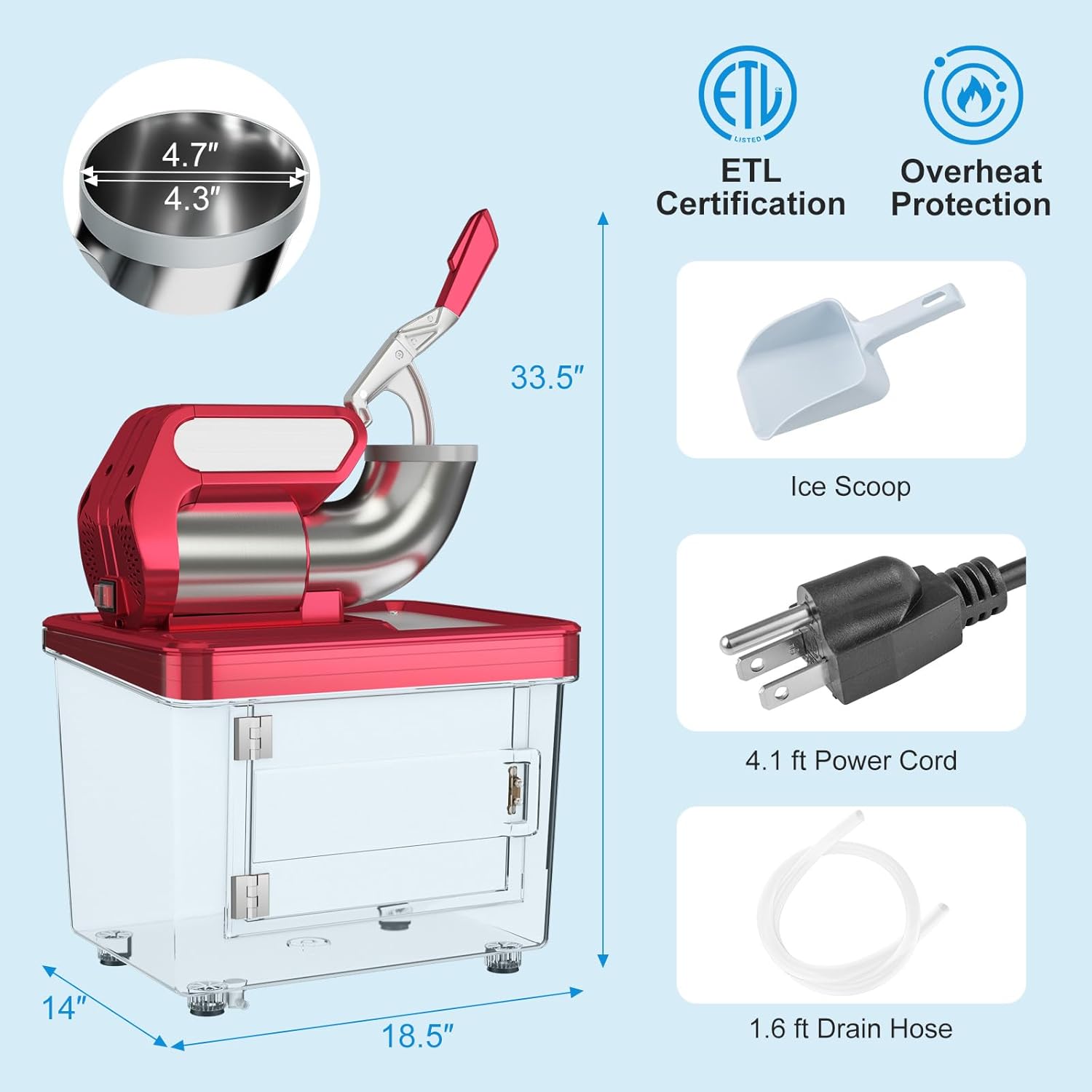 COSTWAY Electric Ice Crusher, 660 LBS/H Snow Cone Machine with Dual Blades, 300W ETL Approved Shaved Ice Machine for Home Parties, Restaurants and Bars (Red)