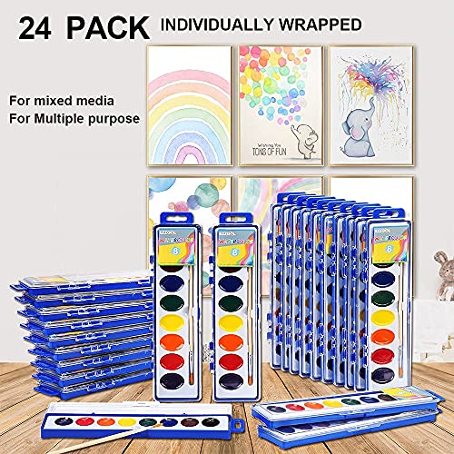 Watercolor Paint Sets Bulk Pack Of 24, Ezzgol 8 Colors Washable Paint Sets For Kids, Quality Water Color Wooden Brushes, Perfect For Preschool Classroom , Children's Art School , Birthday Party Favors #TOP4