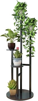 Wood Flower Racks Plant Stand Indoor Outdoor Flower Pot Holder Garden Patio Balcony Tall Planter Flower Bonsai Display Shelf Metal Frame, Black