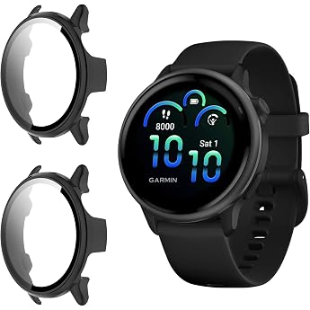 Hard Case Compatible with Garmin Vivoactive 6 Tempered Glass Protective Case [Pack of 2] All-Round Shockproof Protective Case with HD Screen Protector Scratch-Resistant Ultra Thin Protective Case - Black