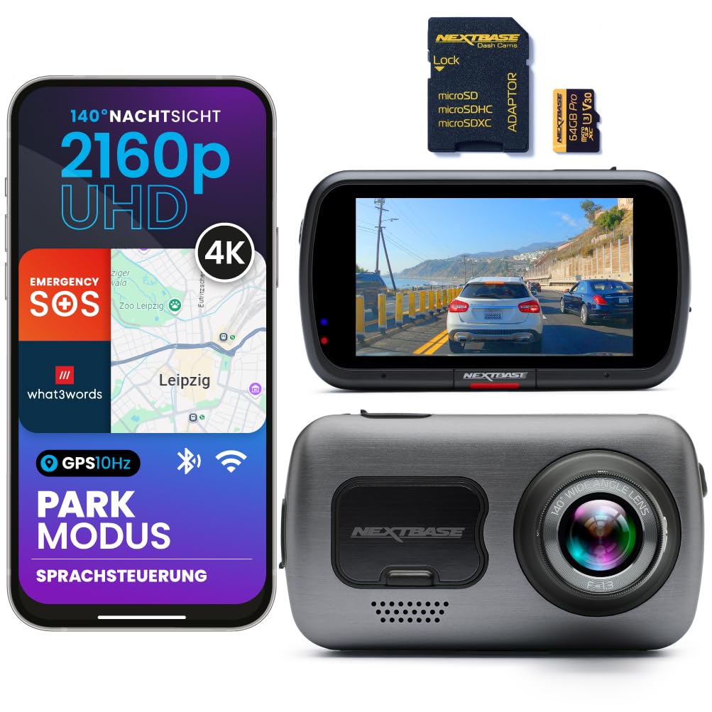 Nextbase® Caméra embarquée avant 622 GW | Mode stationnement 24h/24 et 7j/7 | Caméra embarquée 2160p 30 fps | Écran 3" | Caméra de voiture angle de vision 140 ° Vision nocturne Pro | Carte MicroSD 64