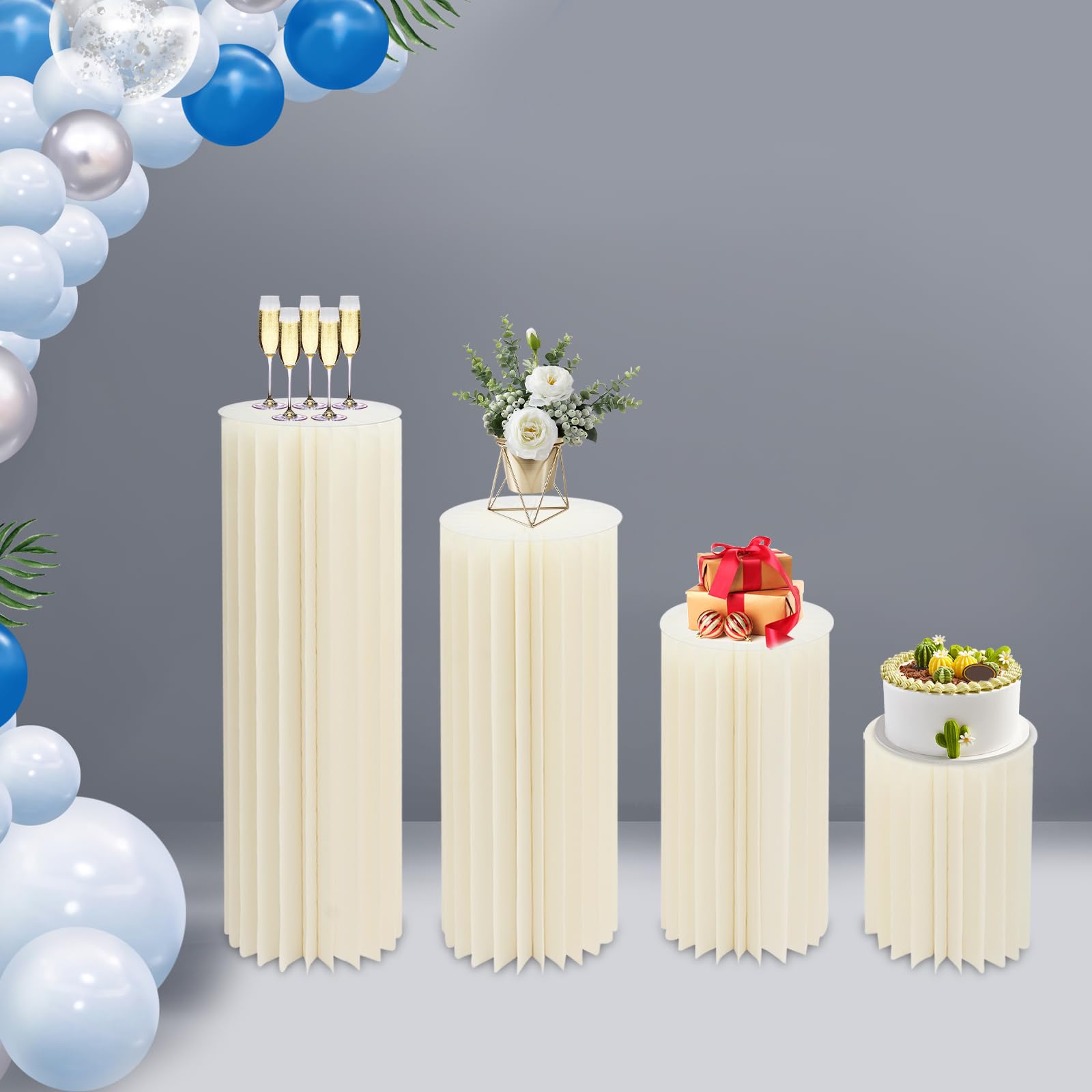 Supporto cilindrico pieghevole a colonna di carta, base espositiva per feste, 4 tavolini cilindrici, tavolo cilindrico a colonna romana in cartone, supporto per torte per matrimoni
