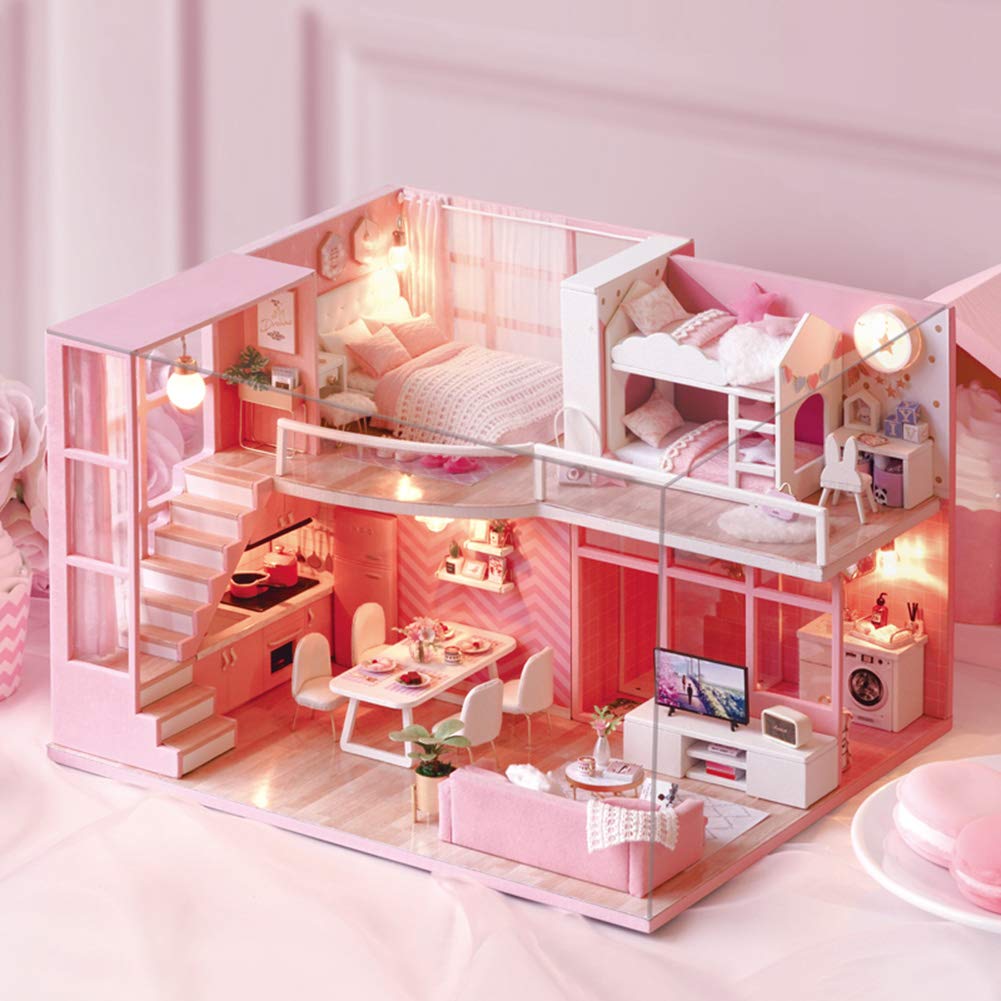 Generic Kit per Casa delle Bambole Rosa Fai-da-te Modello di Casa delle Bambole in Miniatura in Legno Fatto a Mano Carino per la Decorazione Domestica e Materiale Ecologico Regalo per Bambini