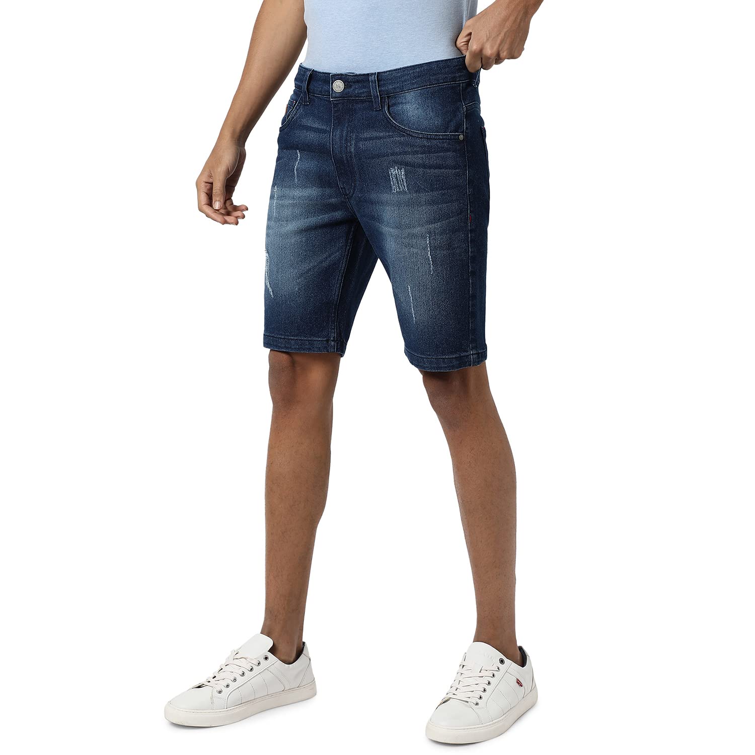 Campus SutraMen’s Classic Blue Regular Fit Denim Shorts | Premium Stretchable Cotton Mid-Rise Crafted with Comfort Fit and High Performance for Everyday Wear