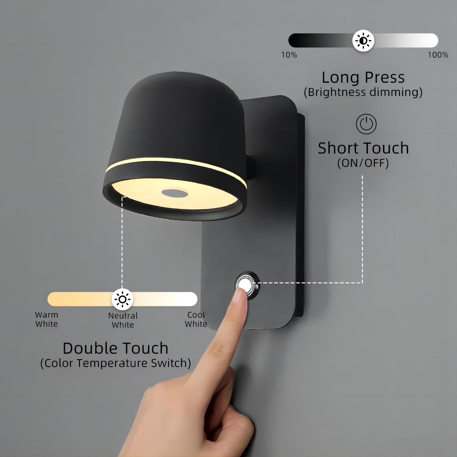 Wandleuchte Innen Schwarz, LED Wandlampe mit Touch Schalter Dimmbar, Modern Aluminium Wandbeleuchtung mit Verstellbarem Kopf, 5W 3000K/4500K/6000K für Flur Schlafzimmer Wohnzimmer