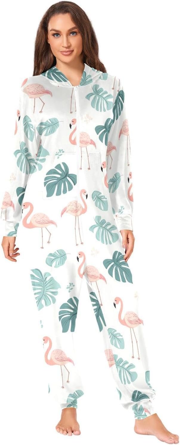 ZZKKO Flamingo Palm Leaf Adult Onesie Pajamas for Women Men Cozy One Piece Pajamas Costume Zip-Up Hooded S-XL