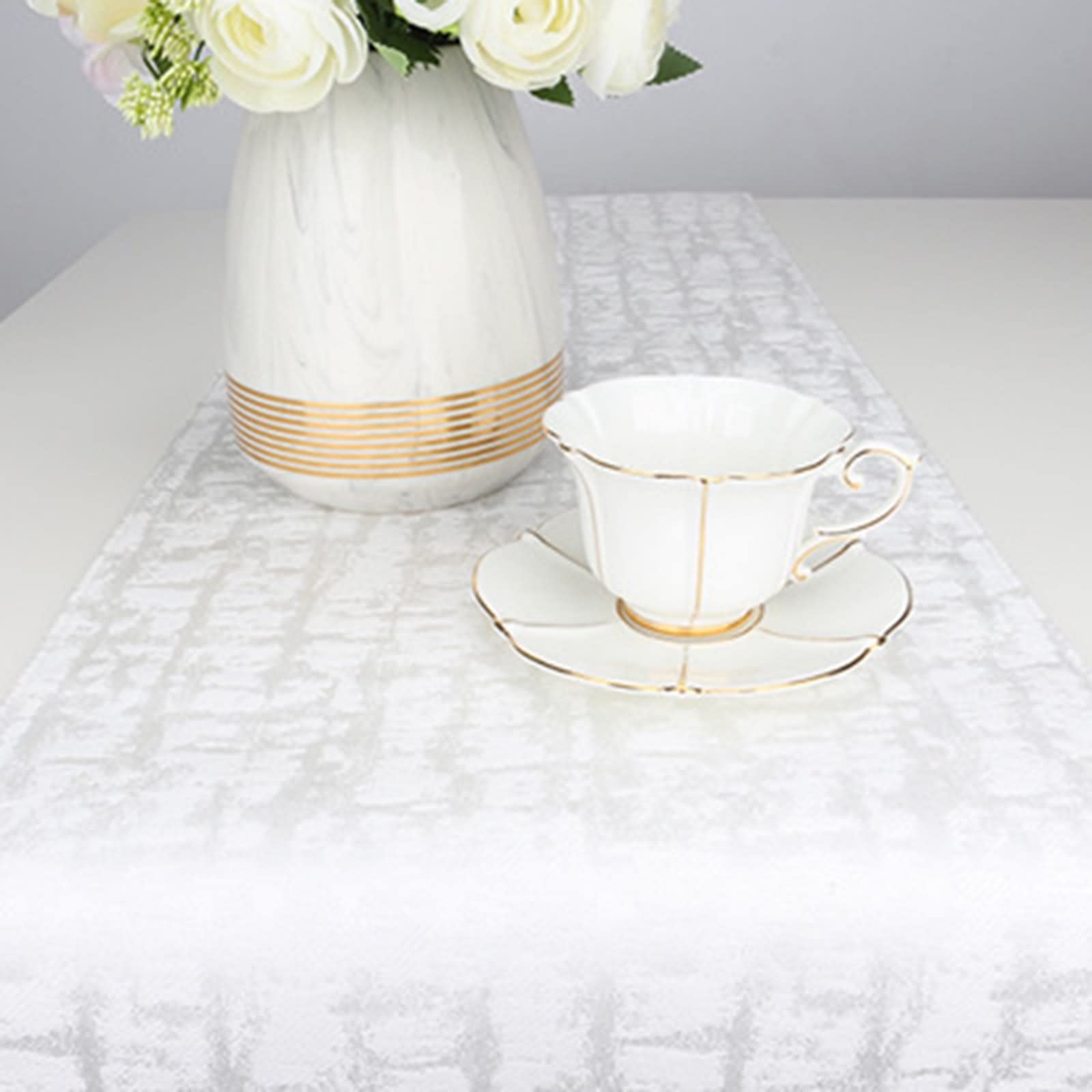 Tischtuch Weiß, Tischdekoration Winter aus Baumwoll Polyester Jacquard Weiß 35x200CM für Abendessen Hochzeit Dekor