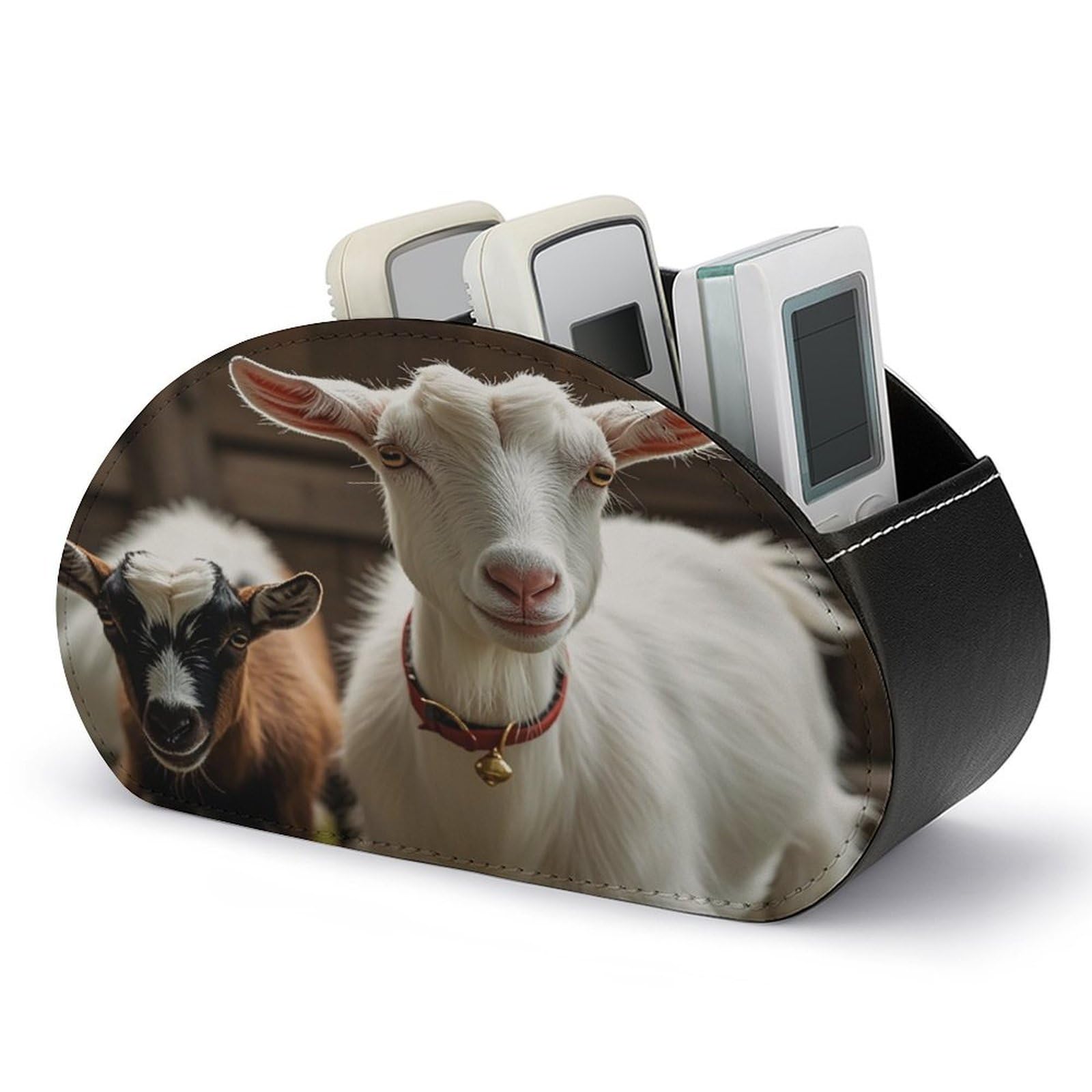 FekiLoot Cute Goat TV Remote Control Holder with 5 Compartments Multi-functional Leather Bedside Table Remote Caddy Desktop Storage Box for Store Pen Controller Media Player Cosmetic