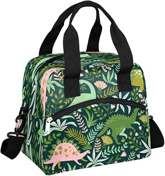 QsirBC Dinosaurs Flowers Lunch Bag for Women Men Adult | Reusable, Insulated, Leakproof Cooler Tote, Adjustable Shoulder Strap, For Work Travel Hiking Camping Beach