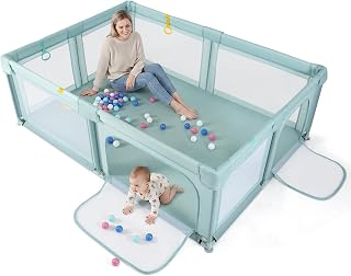 Costzon Large Baby Playpen, 79x55 Inch Baby Play Yard for Babies and Toddlers with 50 Ocean Balls, 4 Pull Rings, Indoor & Outdoor Kids Safety Play Pen, Portable Play Playpen with 2 Gates (Blue)