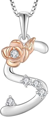 Women's Initial Necklace 925 Sterling Silver Letter A-Z Necklace for Girl 26 Alphabet Pendant Rose Flower Jewelry