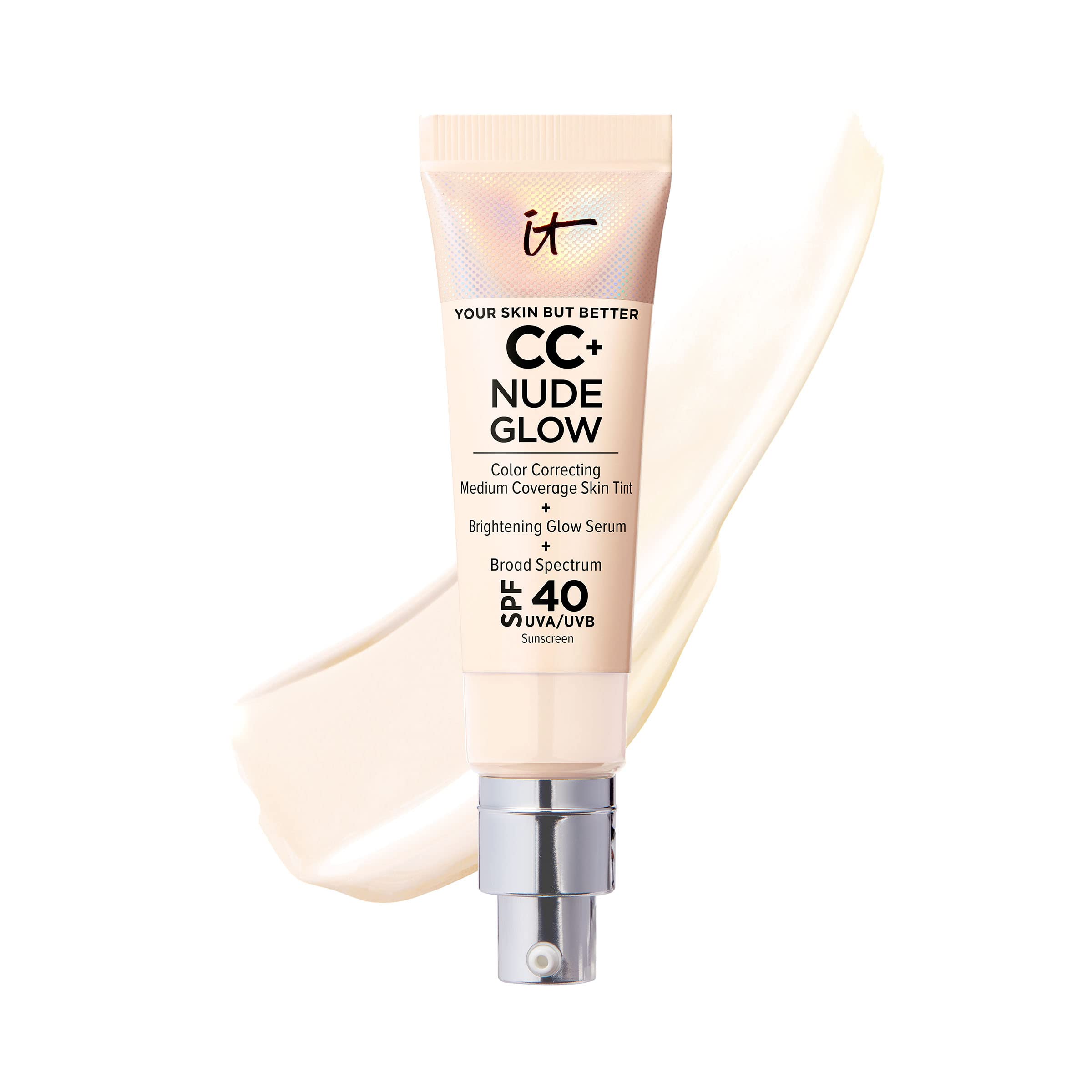 IT Cosmetics CC+ Nude Glow - Medium Coverage Foundation with SPF 40 & Brightening Glow Serum, Lightweight Skin Tint, 2% Niacinamide + Hyaluronic Acid, Up to 24H Hydration, Normal/Dry Skin - 1.08 fl oz
