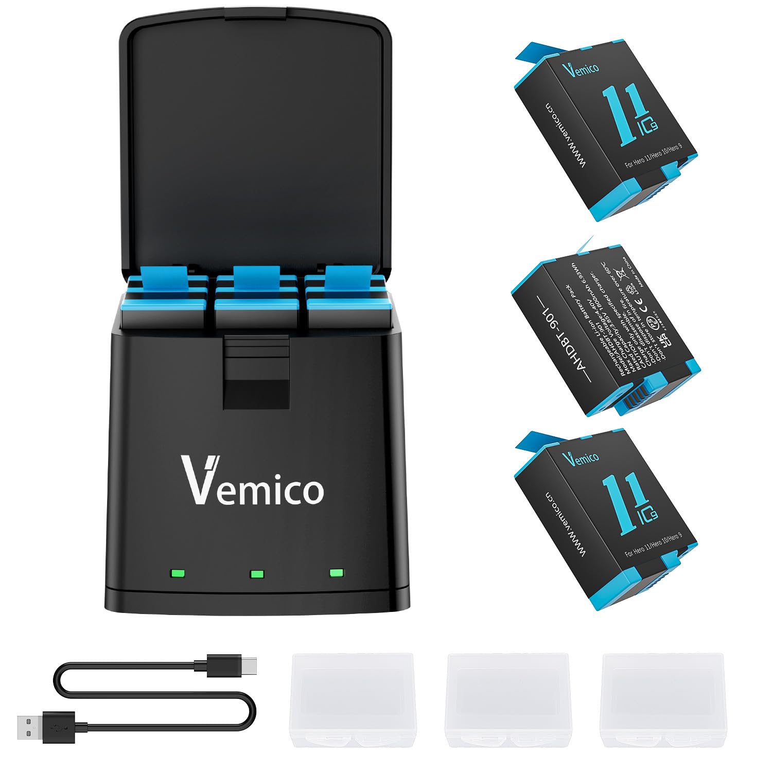 Vemico Hero 11 Batterie Chargeur Kit 3 Pack 1800mAh Hero 10 Batterie Type-C LED 3-Canaux Chargeur AHDBT-901 pour Hero 12Black/ Hero11 Black/ Hero10 Black/Hero 9Black