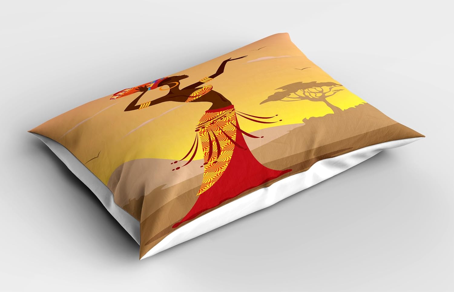 Ambesonne African Pillow Sham Set of 2, Creative Woman in Desert Gulls Flying Around Folk Female Print, Quality Microfiber Bedding Item for All Seasons, 26" x 20", Amber Tan
