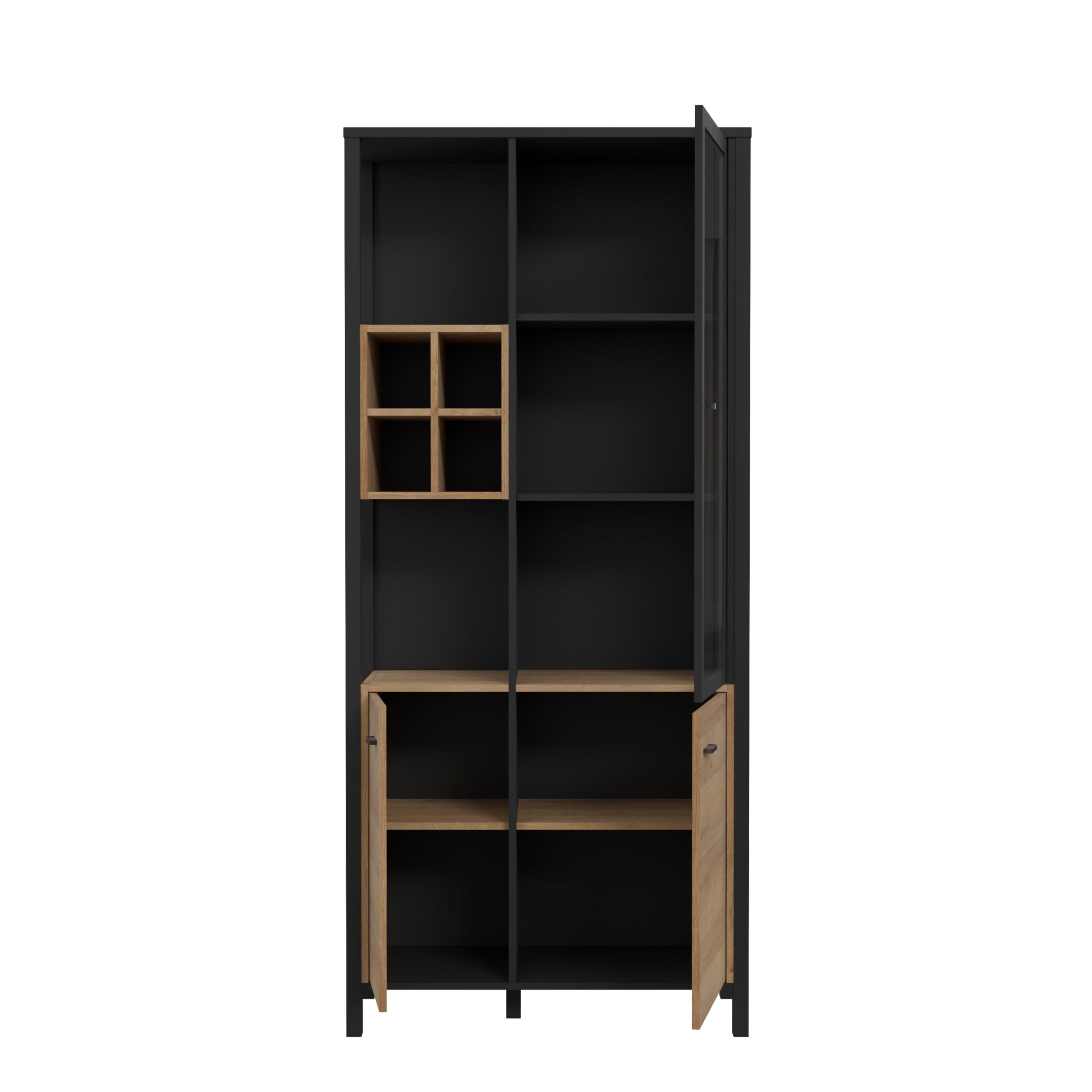Forte HIGH Rock Vitrine 90, Vitrine mit 2 Türen und 1 Glastür, Standvitrine, Industrial Stil Vitrine, Holzwerkstoff, Riviera Eiche Holzdekor/Schwarz, 86,3 cm breit x 193,9 cm hoch x 40,2 cm tief
