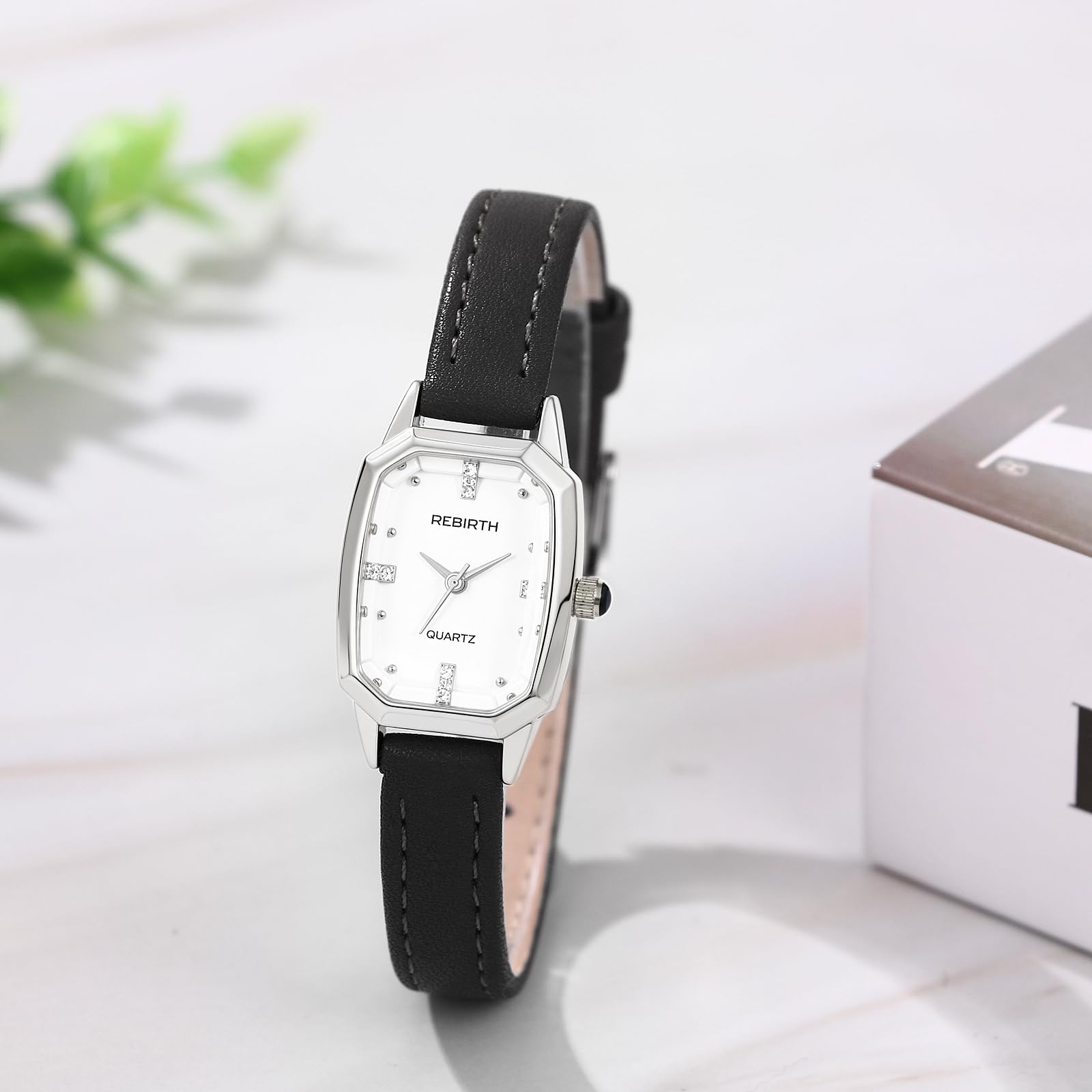 JewelryWe Zegarek damski, mały, prostokątny, 3 sztuki, minimalistyczny, analogowy, kwarcowy, wąski, skórzany pasek, ultracienki, luźny zegarek z kwadratową skalą diamentową, wielokolorowa