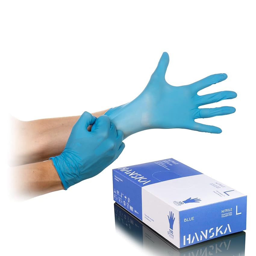 HANSKA 100 Guanti Monouso Nitrile Blu - Senza Polvere - Usa e Getta- Ambidestri - Non Sterili - Base di Gomma - Adatti per Ambiti Medici, Manipolazione degli Alimenti (100, L)