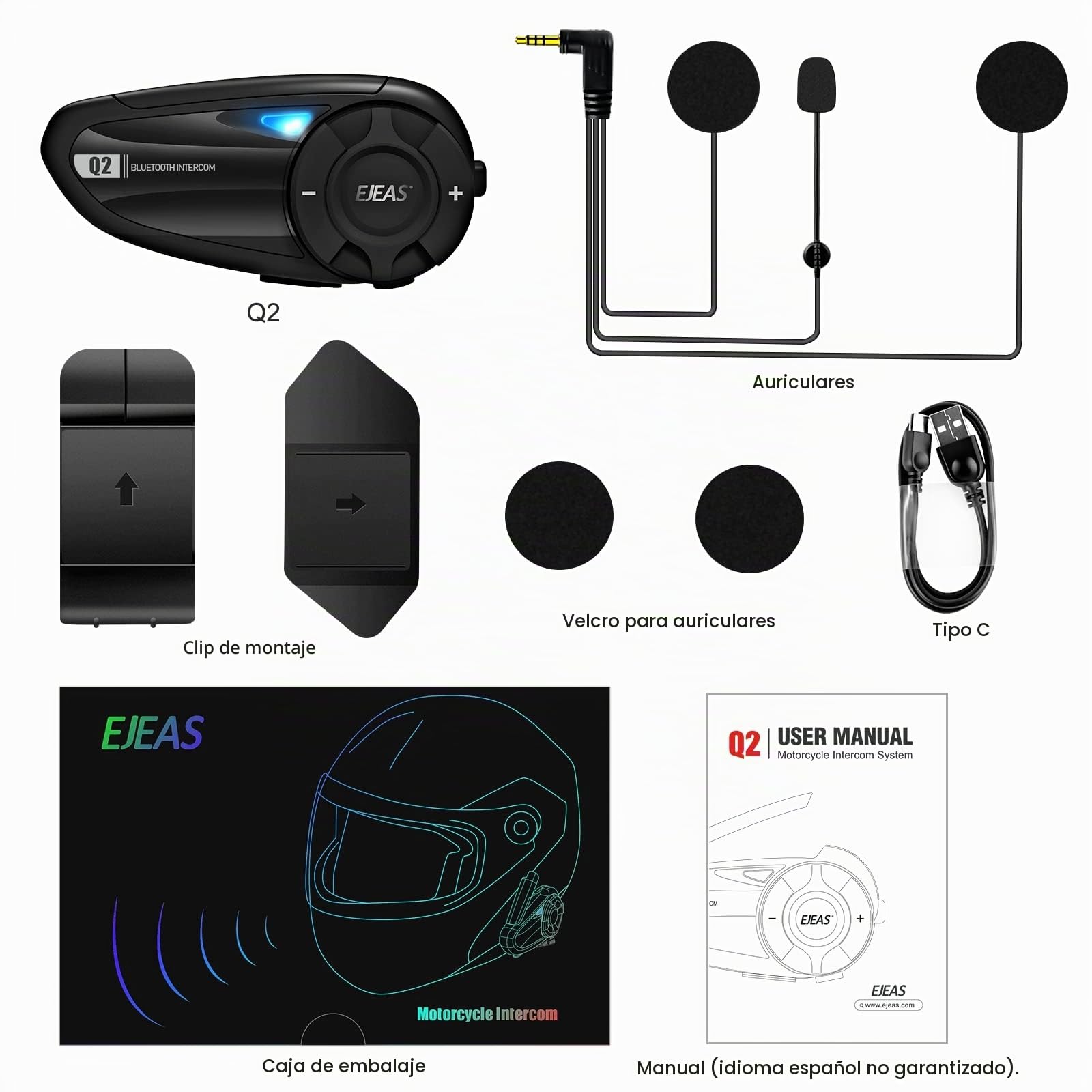 EJEAS Q2 Intercomunicador Casco Moto, Intercom Bluetooth 5.1 con Reducción de Ruido FM y CVC, Sonido y Conexión Estable para Intercomunicador Full Duplex de 2 Personas (1 Paquete)