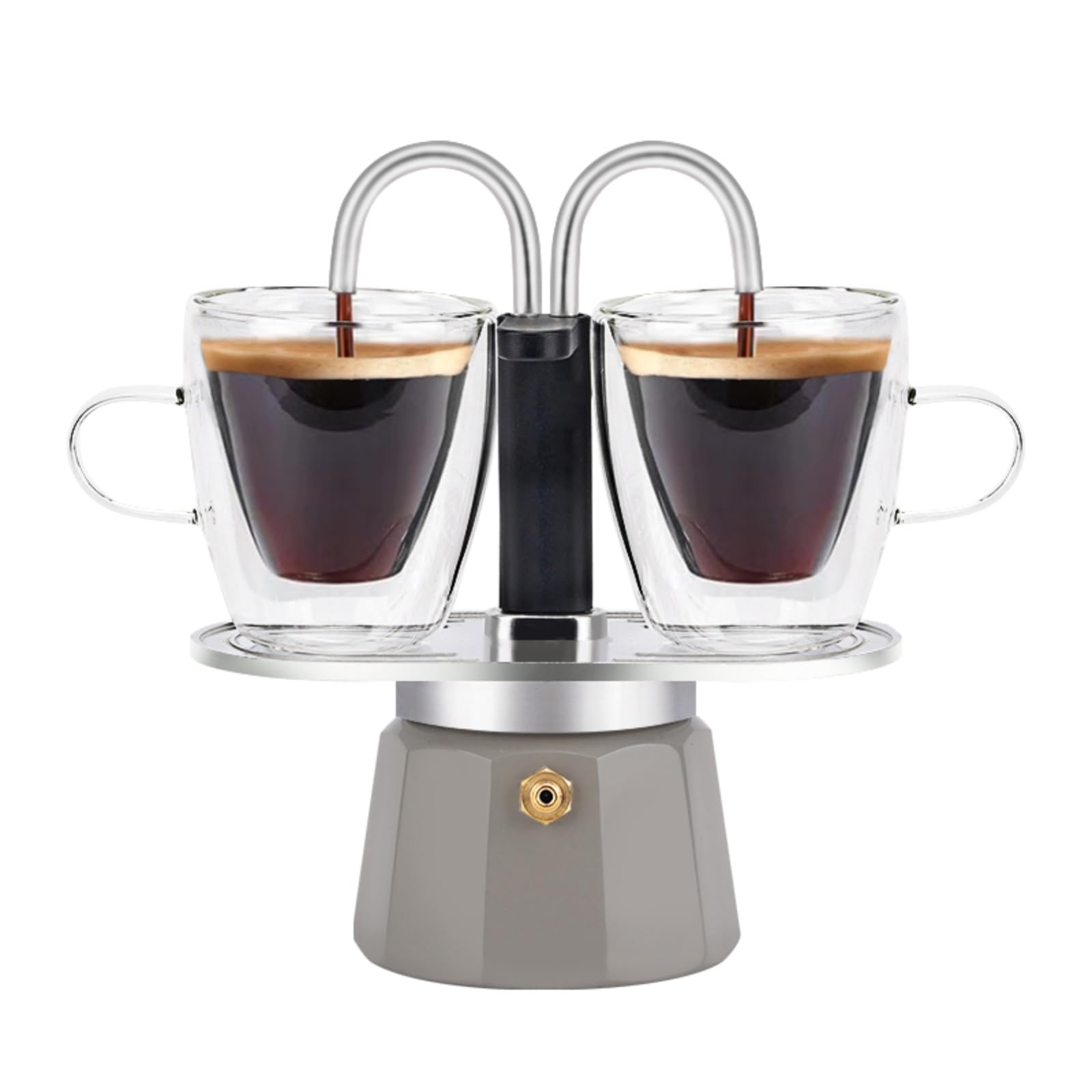 MVPLUE-Mini Express Double Tube Moka Pot Aluminum Gray,Share fresh delicious coffee with a friend