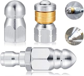 QOOWFEANIG 3Pack Sewer Jetter Nozzle for Pressure Washer, Drain Cleaning Nozzle Tips Kit for Drain Jetting Hose Stainless Steel, Rotating Button Nose with 1/4'' Quick Connect, 5000 PSI