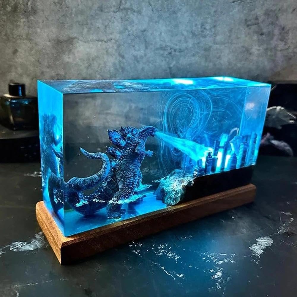 3D Ozean Epoxidharz Nachtlicht,Harz-Godzilla Figuren Ornamente mit Holzsockel,Monster Nachttischlampe mit USB-Kabel und 16 Farbe Remote Mehrfarbige LED Nacht Lampe,Desktop-Kunst-Dekor (Stil 4)