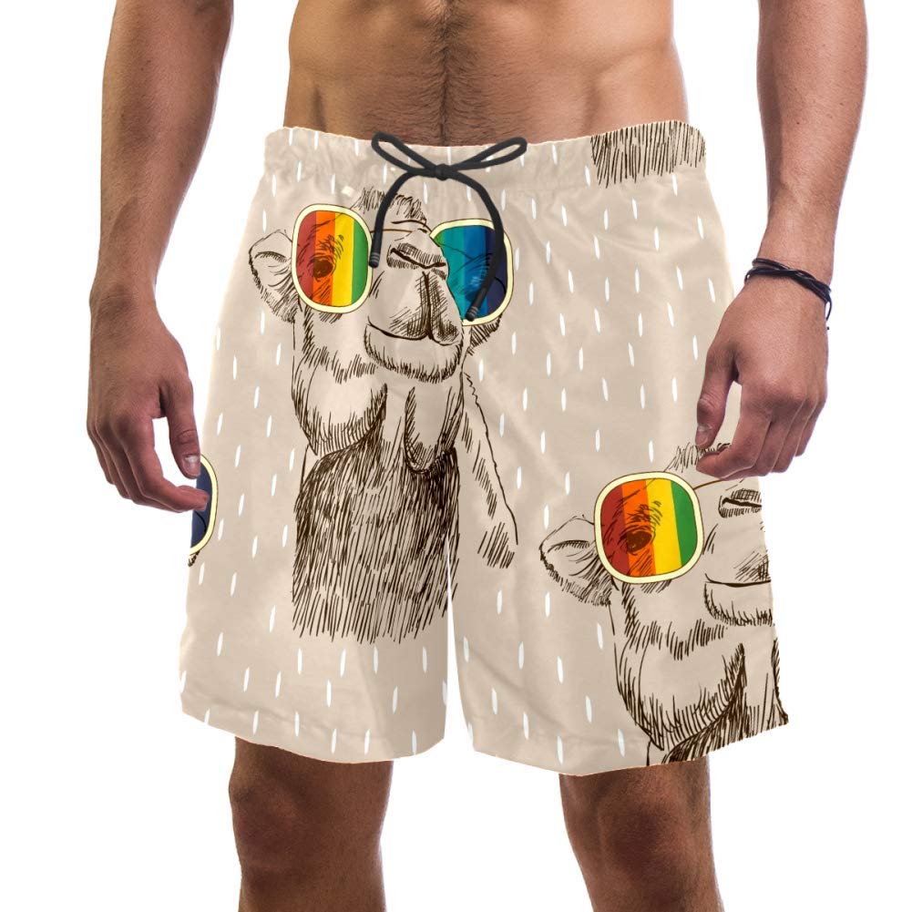 Men's Camel with Glasses Sketch Arabian Art Beach Board Shorts Quick Dry Swim Trunk,L