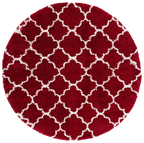 Image of Modern Shaggy Round Rug | Ultra-Soft Plush Circle Carpet for Living Room, Bedroom, Nursery | Fuzzy, Fluffy Area Rug with Non-Slip Base (Red M II, 3x3 feet, Round)