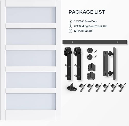 Vista 7 de Puerta de granero de vidrio EaseLife de 42 x 84 pulgadas con kit de herrajes deslizantes de 7 pies incluido y manija, madera maciza cubierta