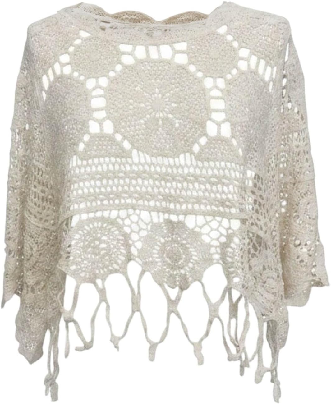 Women Plain Fringe Cut Out Sheer Knit Crochet Cover Up Three Quarter Sleeve Hollow Out Sweater Shirts Swimsuit Coverups Wear