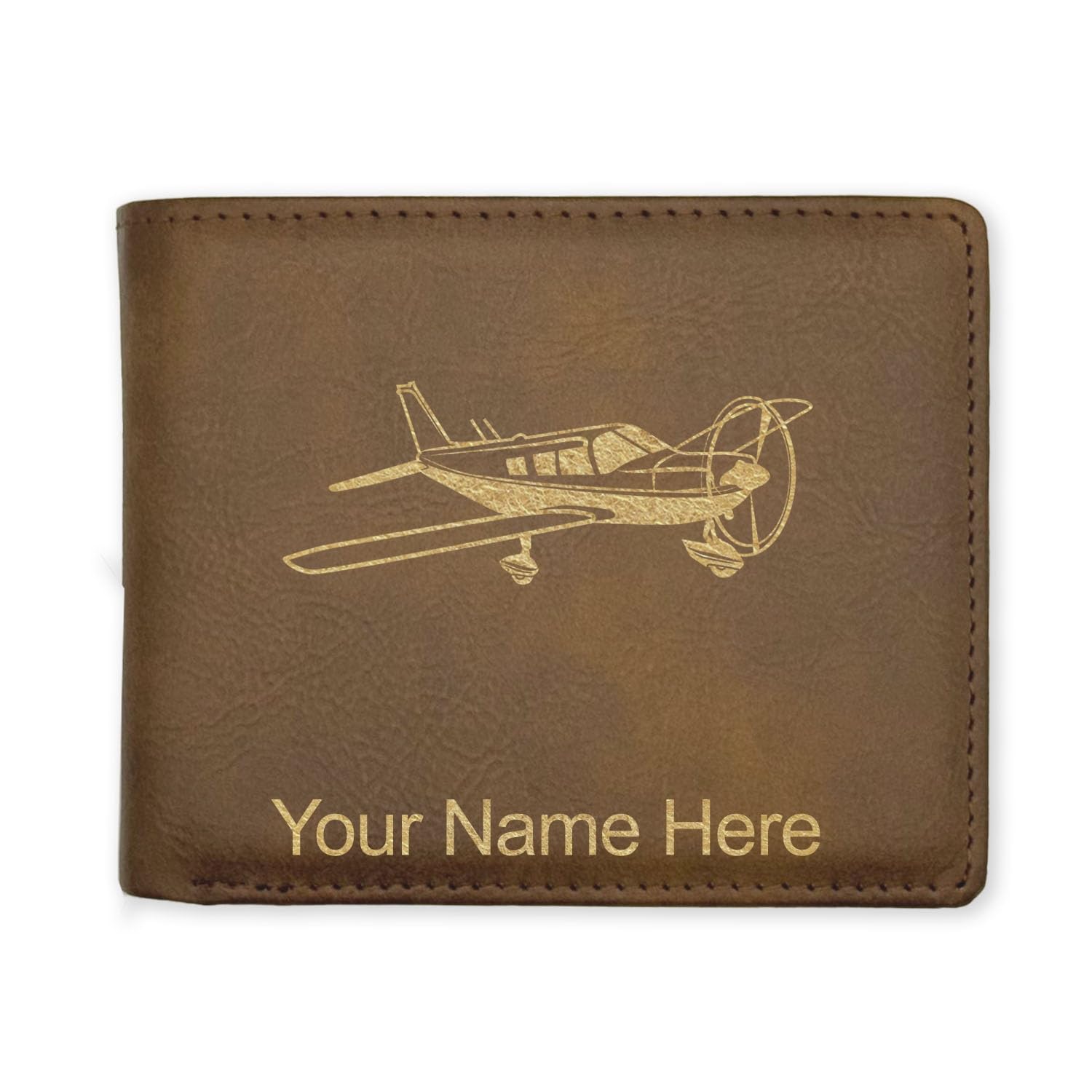 LaserGram Faux Leather Bi-Fold Wallet, Low Wing Airplane, Personalized Engraving Included (Rustic with Gold)