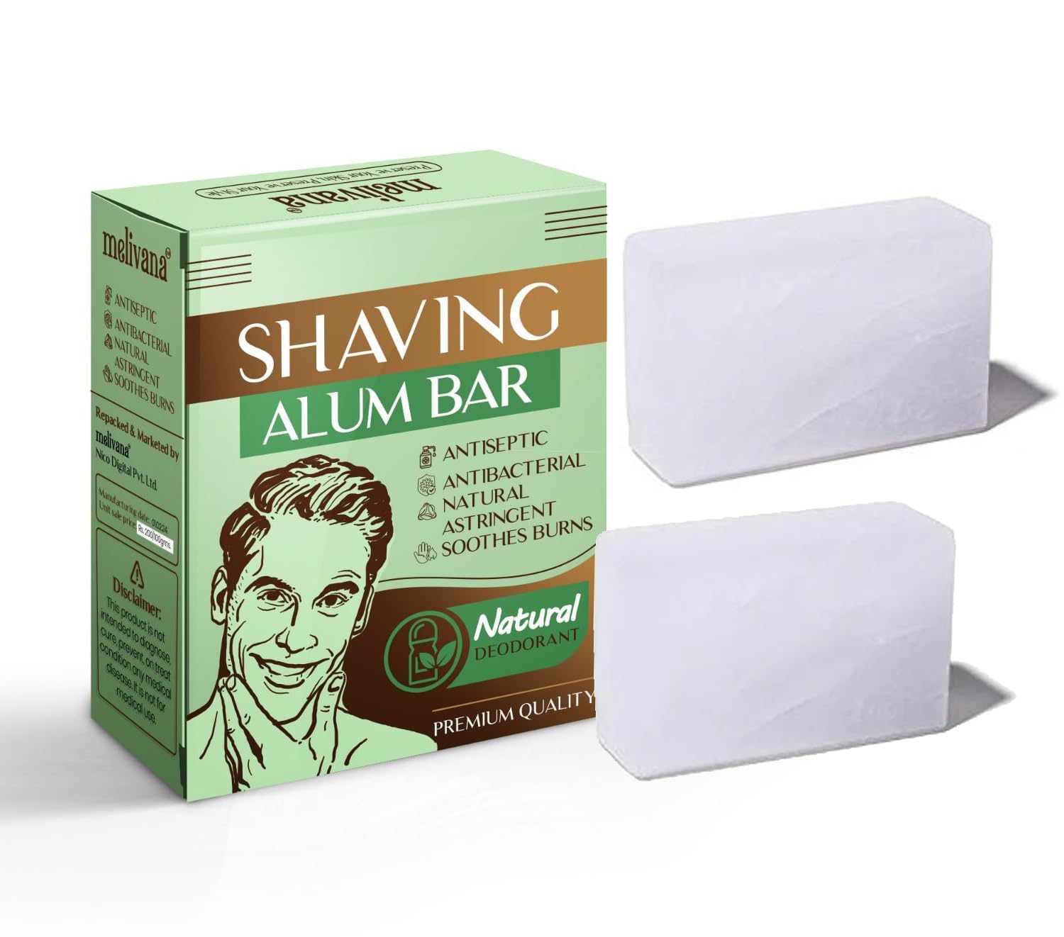 Melivana 100% Natural Alum (Fitkari) Shaving Bar - 100g x 2 (Pack of 2) | Skin Tightening, Underarm Deodorant, Water Purification, After Shave Alternative | Chemical-Free & Gentle